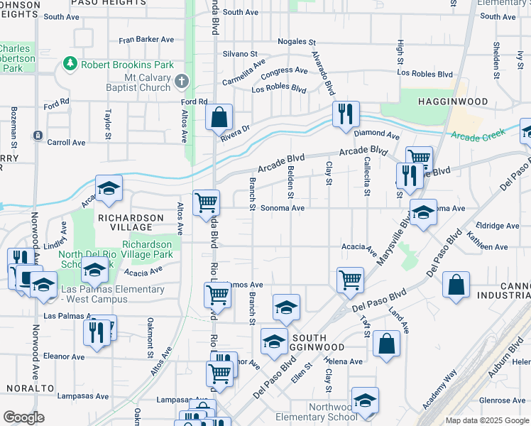 map of restaurants, bars, coffee shops, grocery stores, and more near 1032 Sonoma Avenue in Sacramento