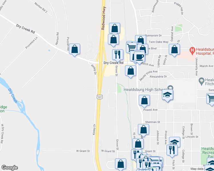 map of restaurants, bars, coffee shops, grocery stores, and more near 15119 Grove Street in Healdsburg