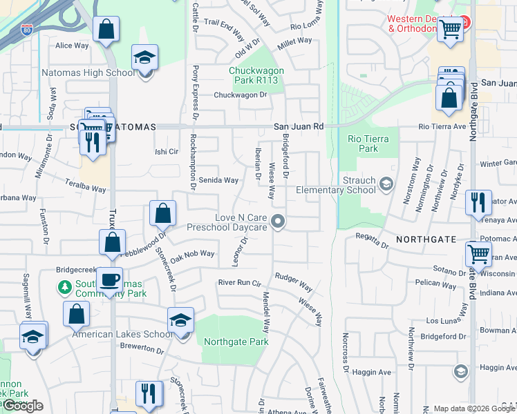 map of restaurants, bars, coffee shops, grocery stores, and more near 18 Alvares Court in Sacramento