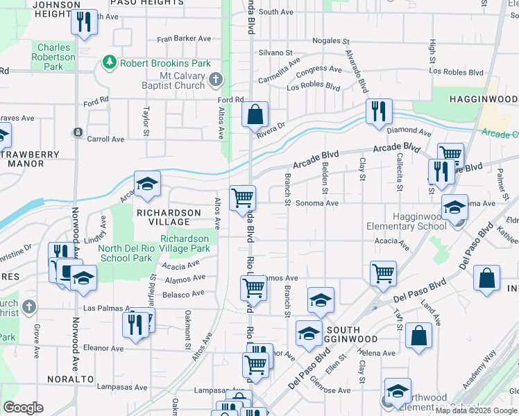 map of restaurants, bars, coffee shops, grocery stores, and more near 916 Sonoma Avenue in Sacramento