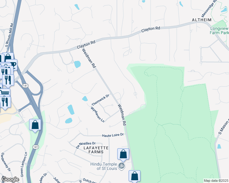 map of restaurants, bars, coffee shops, grocery stores, and more near 1030 Weidman Road in Chesterfield