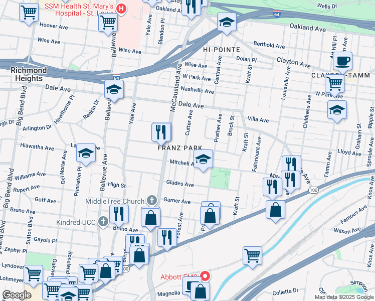 map of restaurants, bars, coffee shops, grocery stores, and more near 6904 Plateau Avenue in St. Louis