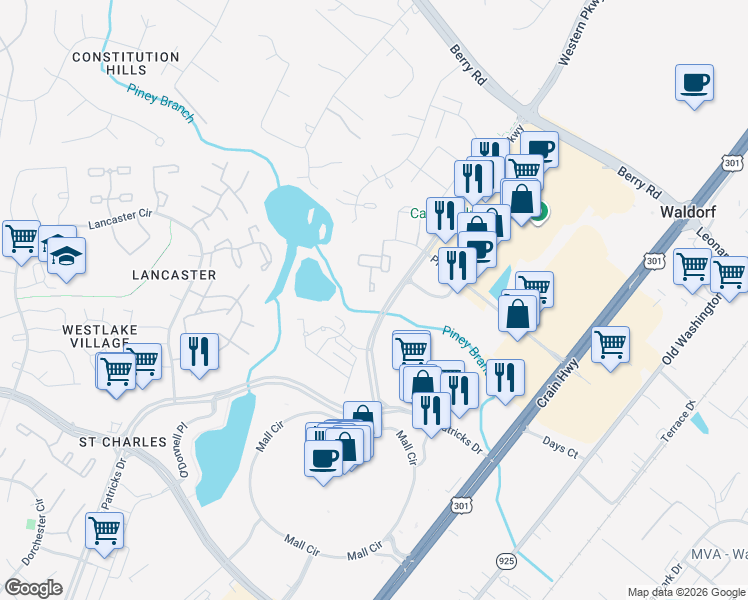 map of restaurants, bars, coffee shops, grocery stores, and more near 11215 Heron Place in Waldorf