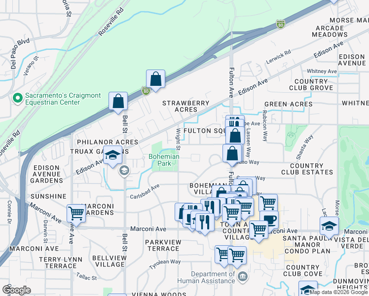 map of restaurants, bars, coffee shops, grocery stores, and more near 2410 Michelle Drive in Sacramento