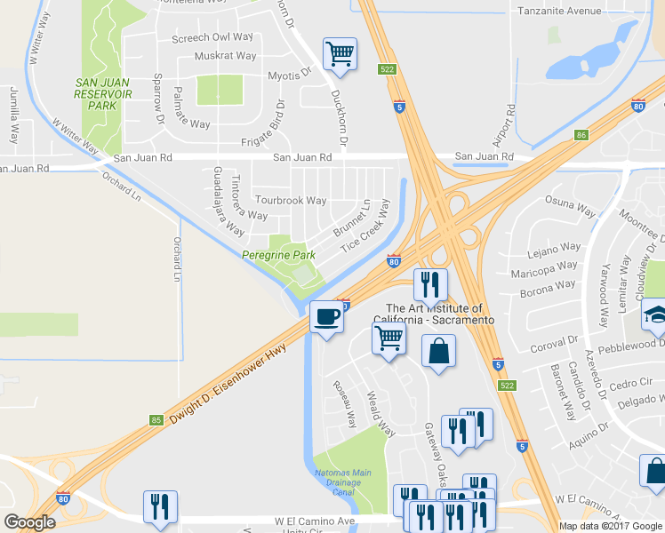 map of restaurants, bars, coffee shops, grocery stores, and more near 3080 Tice Creek Way in Sacramento
