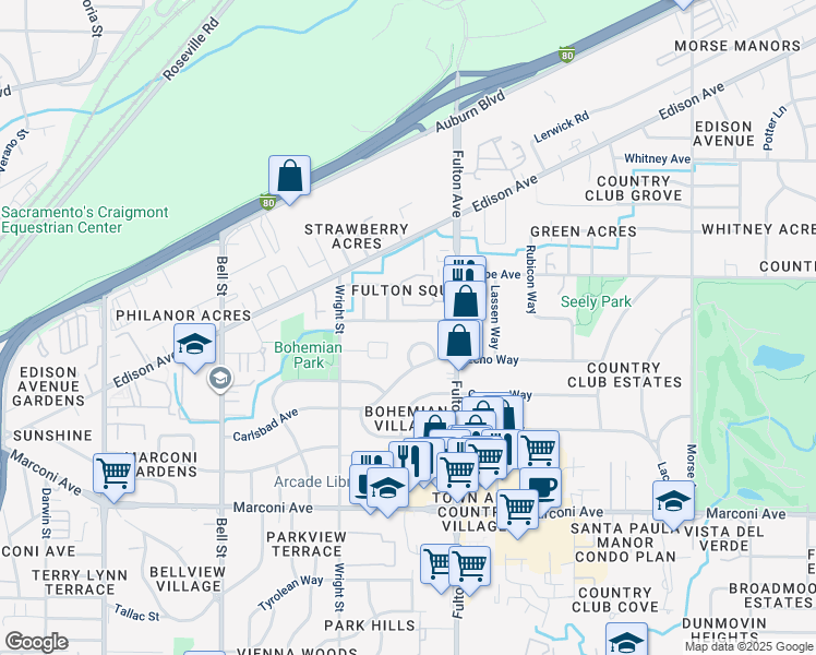 map of restaurants, bars, coffee shops, grocery stores, and more near 2490 Michelle Drive in Sacramento