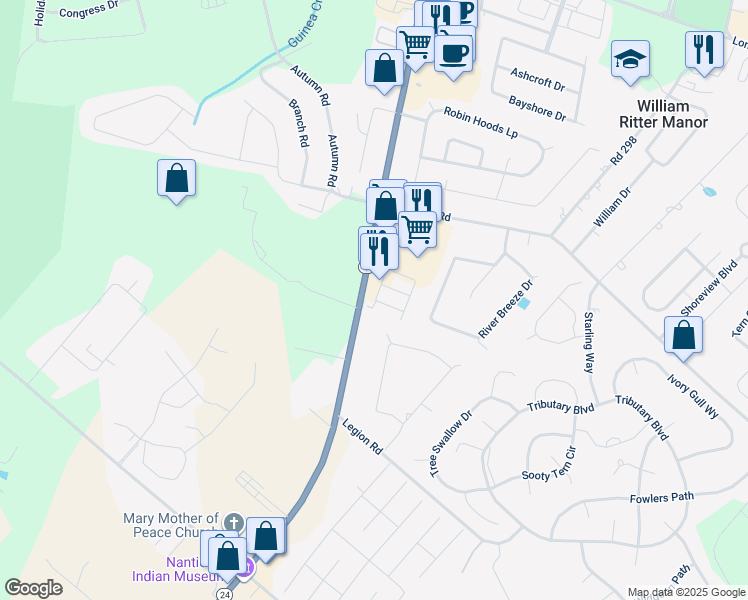 map of restaurants, bars, coffee shops, grocery stores, and more near 26580 Raleigh Road in Millsboro
