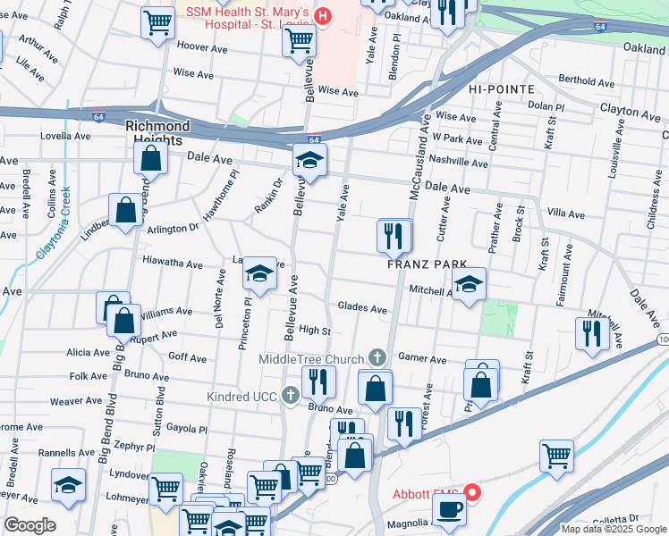 map of restaurants, bars, coffee shops, grocery stores, and more near 7061 Mitchell Avenue in Richmond Heights