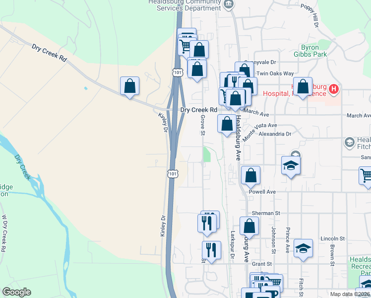 map of restaurants, bars, coffee shops, grocery stores, and more near 15119 Grove Street in Healdsburg