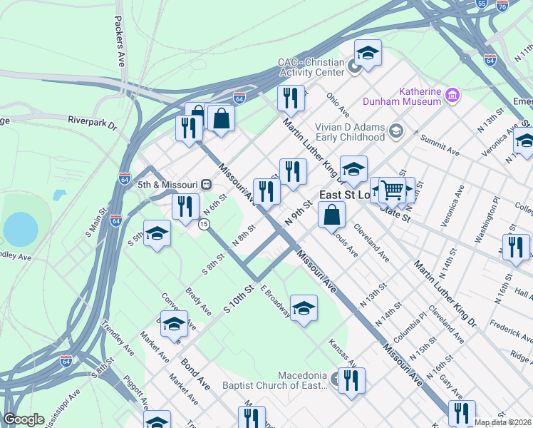 map of restaurants, bars, coffee shops, grocery stores, and more near 200 N 8th St in East St Louis