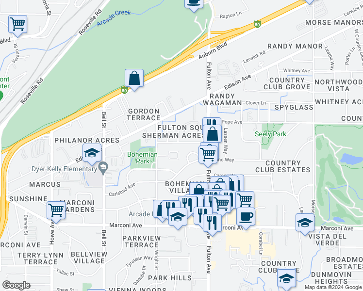 map of restaurants, bars, coffee shops, grocery stores, and more near 2490 Michelle Drive in Sacramento