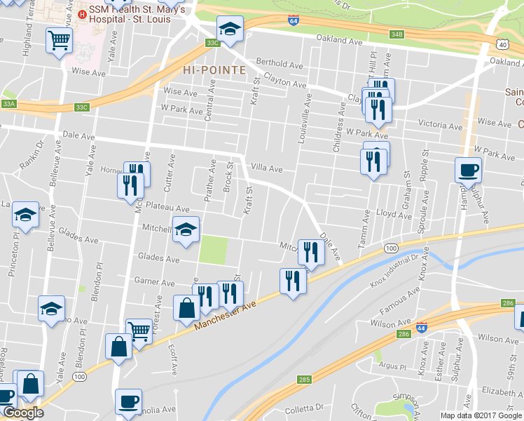 map of restaurants, bars, coffee shops, grocery stores, and more near 1547 Fairmount Avenue in St. Louis