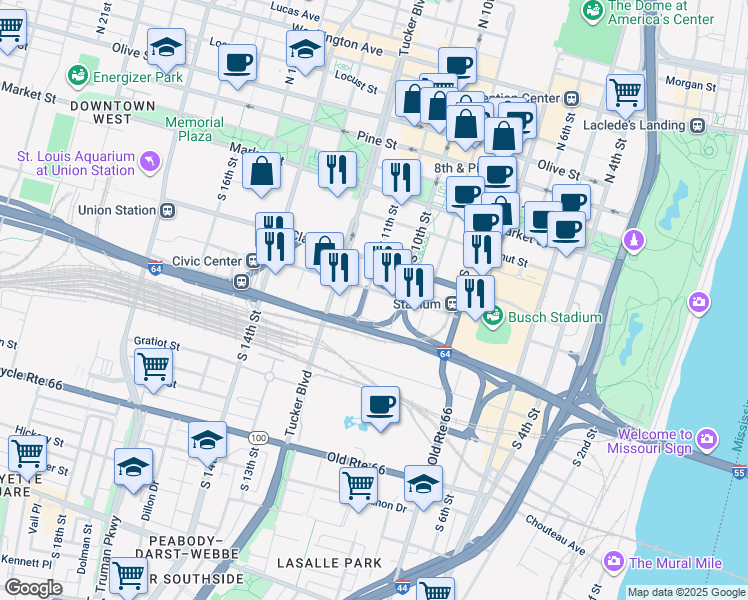 map of restaurants, bars, coffee shops, grocery stores, and more near 1014 Spruce Street in St. Louis