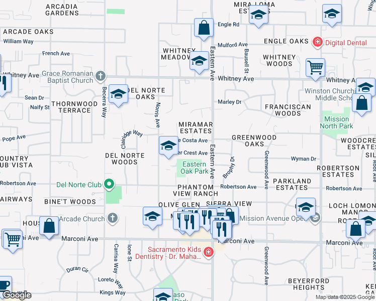 map of restaurants, bars, coffee shops, grocery stores, and more near 4201 Silver Crest Avenue in Sacramento