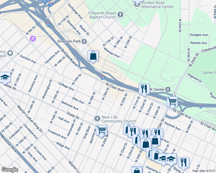map of restaurants, bars, coffee shops, grocery stores, and more near 1840 Saint Clair Avenue in East St. Louis