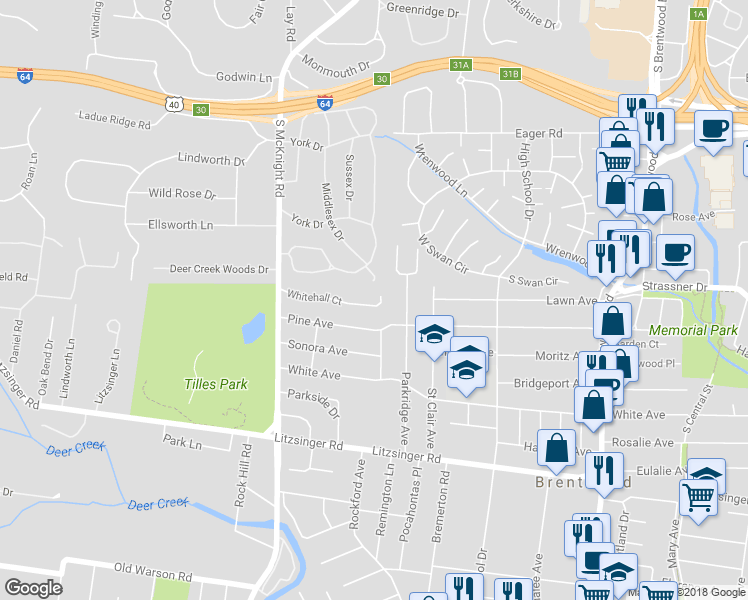 map of restaurants, bars, coffee shops, grocery stores, and more near 85 Whitehall Court in Brentwood