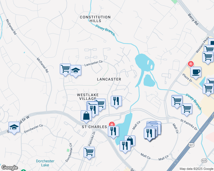 map of restaurants, bars, coffee shops, grocery stores, and more near 4119 Lancaster Circle in Waldorf