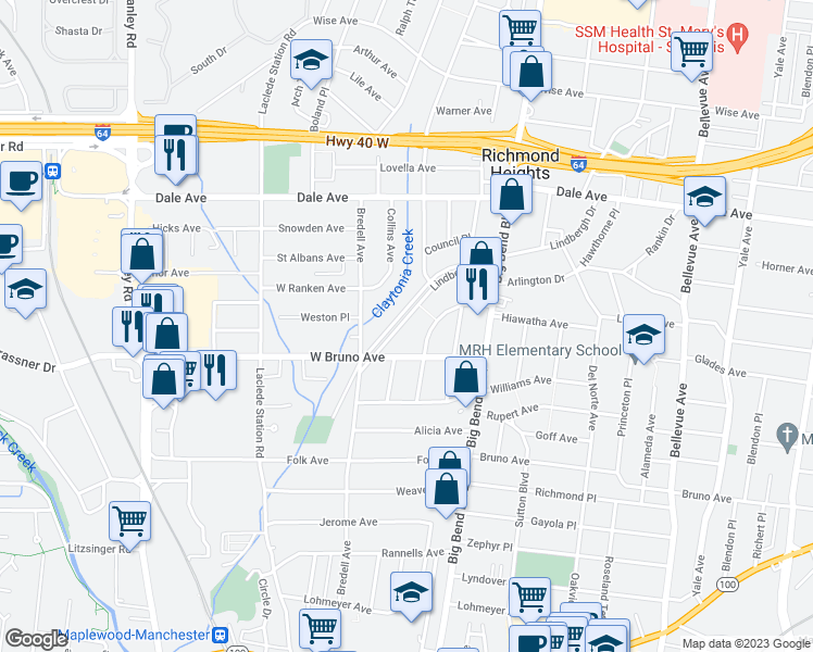 map of restaurants, bars, coffee shops, grocery stores, and more near 7646 Lindbergh Drive in St. Louis