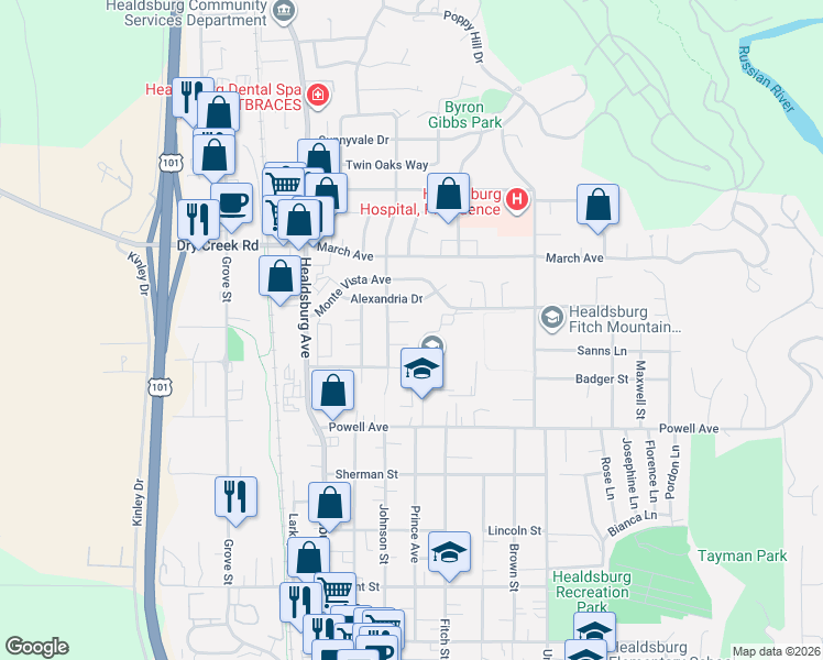 map of restaurants, bars, coffee shops, grocery stores, and more near 246 Albert Court in Healdsburg