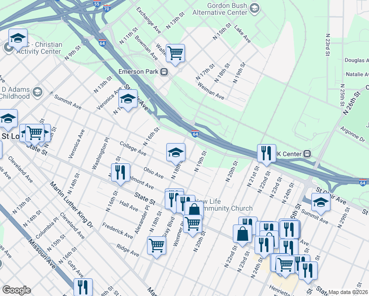 map of restaurants, bars, coffee shops, grocery stores, and more near 1801 Summit Avenue in East St. Louis