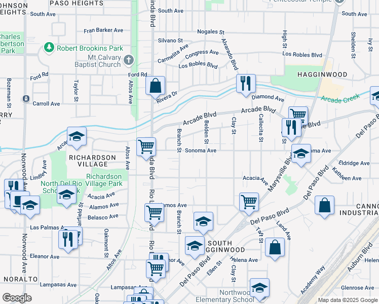 map of restaurants, bars, coffee shops, grocery stores, and more near 1032 Sonoma Avenue in Sacramento