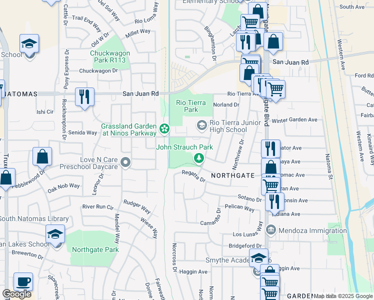 map of restaurants, bars, coffee shops, grocery stores, and more near 3075 Northstead Drive in Sacramento