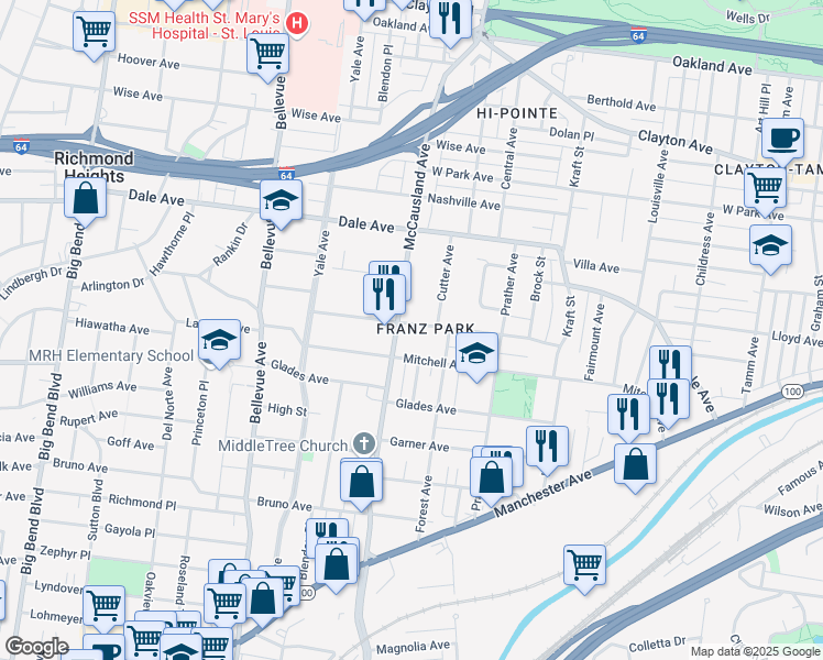 map of restaurants, bars, coffee shops, grocery stores, and more near 1610 McCausland Avenue in St. Louis