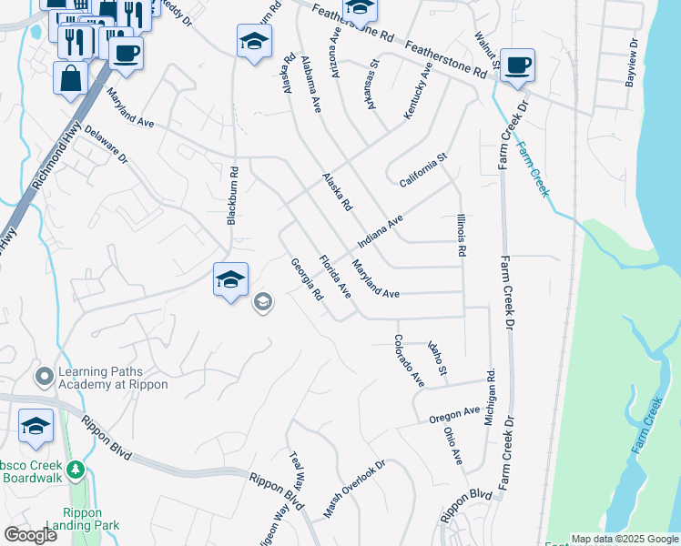 map of restaurants, bars, coffee shops, grocery stores, and more near 1530 Florida Avenue in Woodbridge