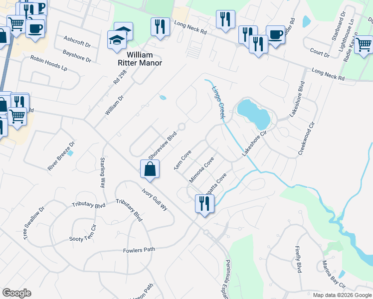 map of restaurants, bars, coffee shops, grocery stores, and more near 32845 Tern Cove in Long Neck