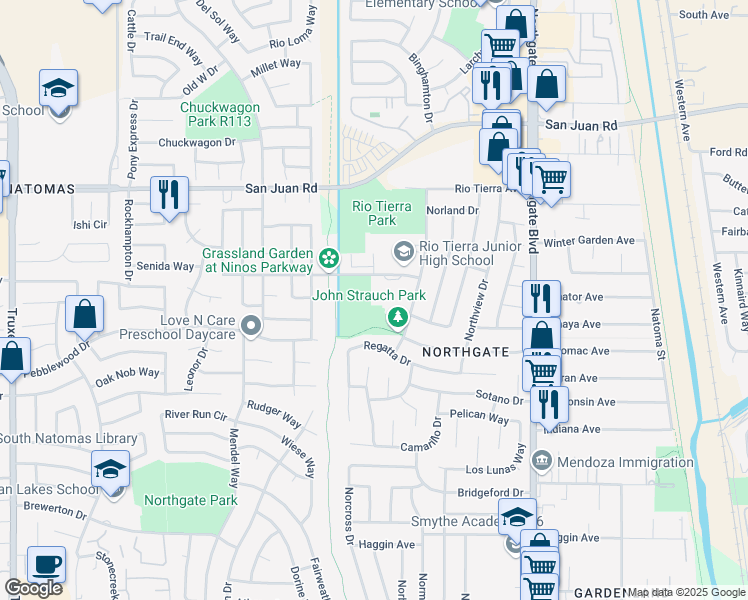 map of restaurants, bars, coffee shops, grocery stores, and more near 3141 Northstead Drive in Sacramento
