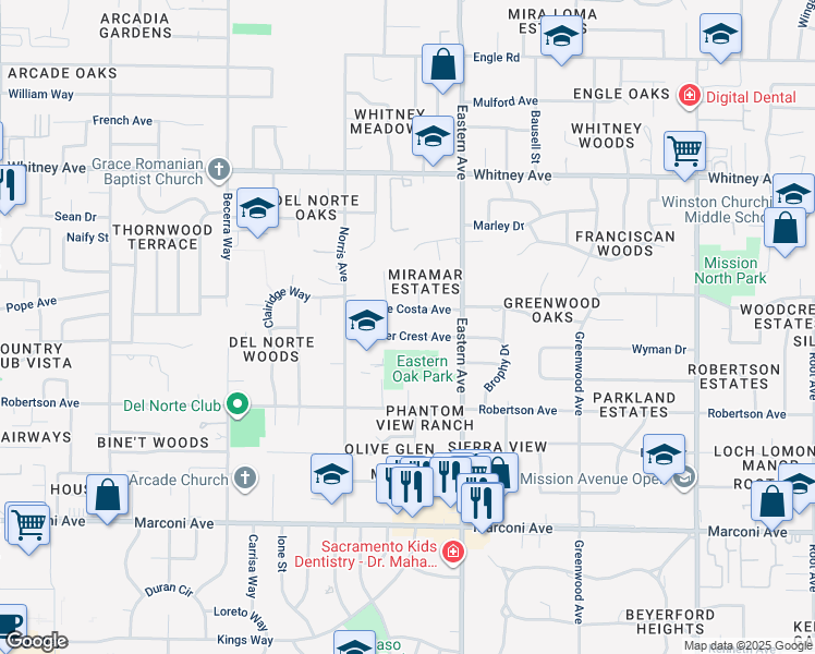 map of restaurants, bars, coffee shops, grocery stores, and more near 4201 Silver Crest Avenue in Sacramento