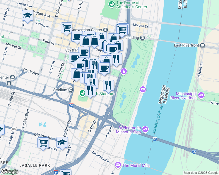 map of restaurants, bars, coffee shops, grocery stores, and more near 300 Walnut Street in St. Louis
