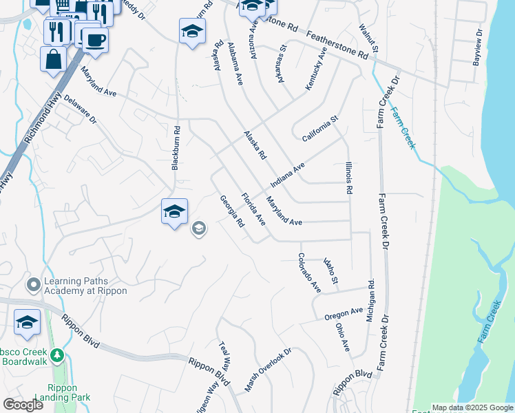 map of restaurants, bars, coffee shops, grocery stores, and more near 1530 Florida Avenue in Woodbridge