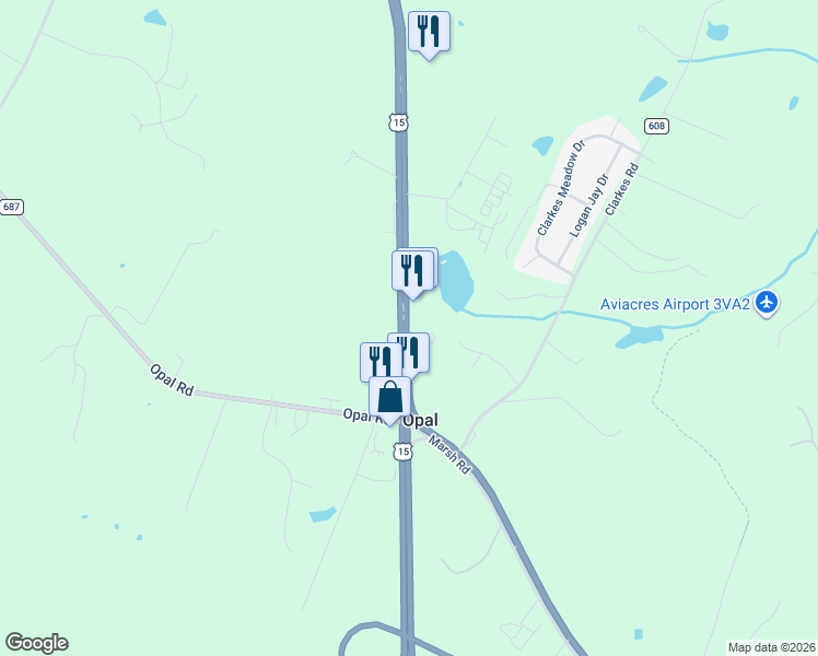 map of restaurants, bars, coffee shops, grocery stores, and more near 10029 James Madison Highway in Warrenton