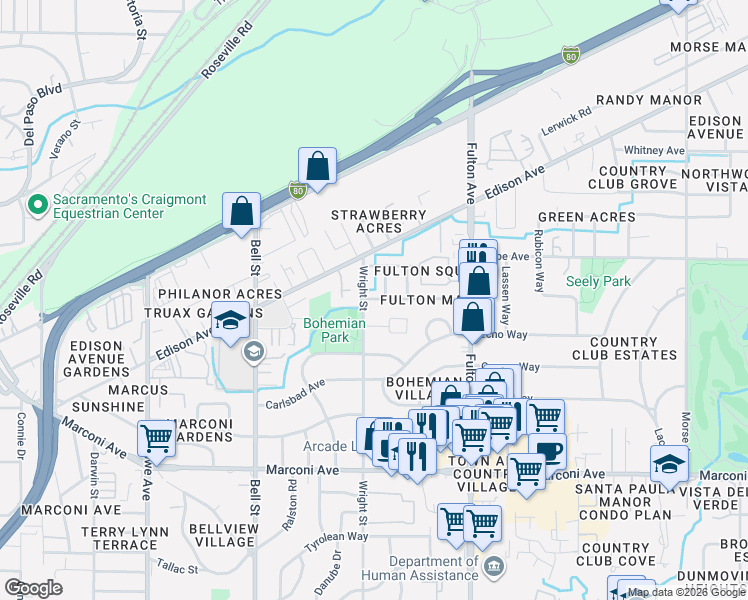 map of restaurants, bars, coffee shops, grocery stores, and more near 2410 Michelle Drive in Sacramento