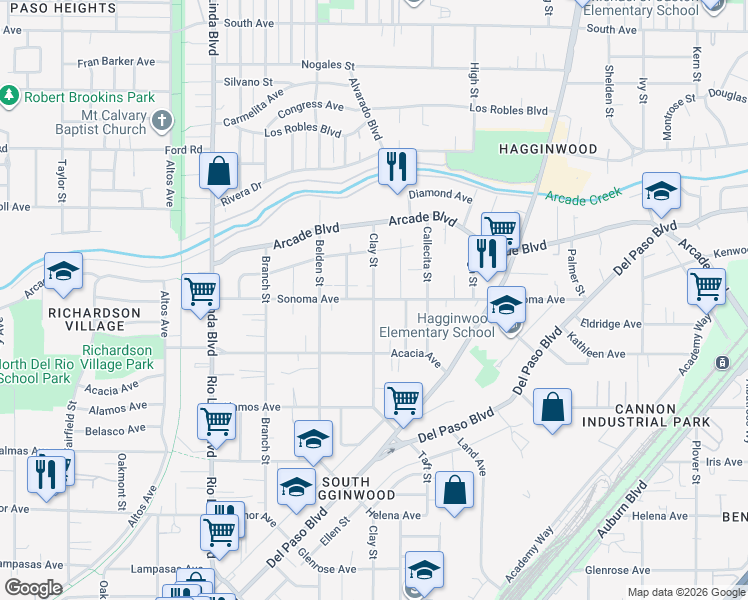 map of restaurants, bars, coffee shops, grocery stores, and more near Sonoma Avenue & Clay Street in Sacramento