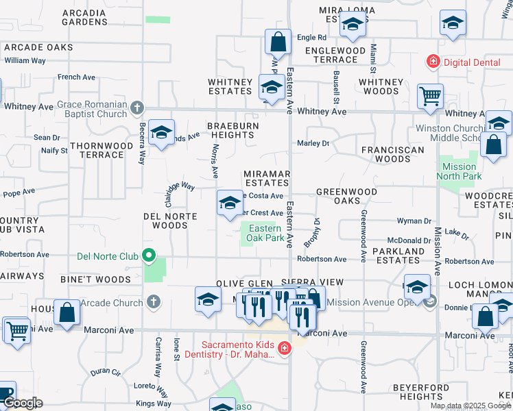 map of restaurants, bars, coffee shops, grocery stores, and more near 4201 Silver Crest Avenue in Sacramento