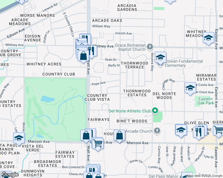 map of restaurants, bars, coffee shops, grocery stores, and more near 3600 Woodcrest Road in Sacramento