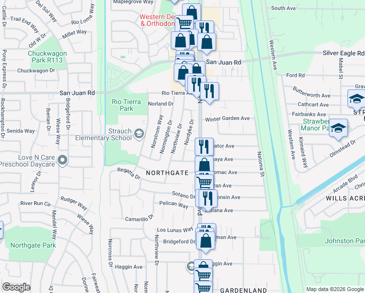 map of restaurants, bars, coffee shops, grocery stores, and more near 3170 Northview Drive in Sacramento