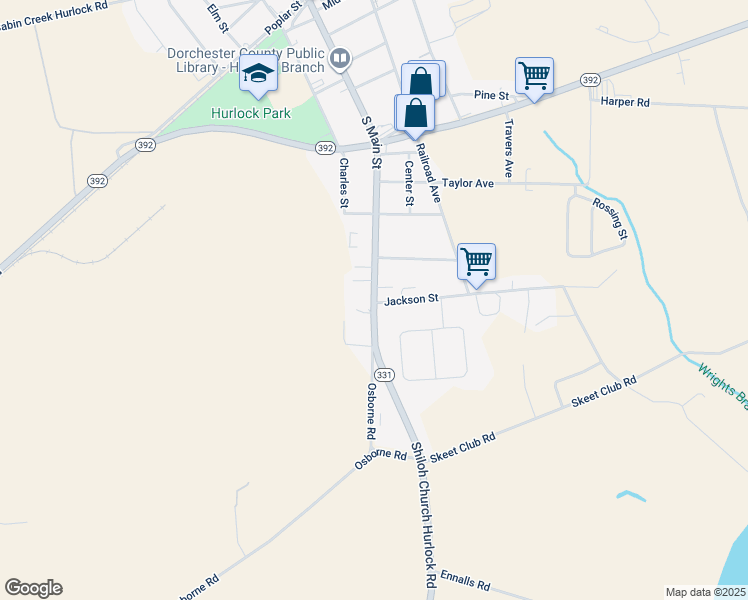 map of restaurants, bars, coffee shops, grocery stores, and more near 518 South Main Street in Hurlock