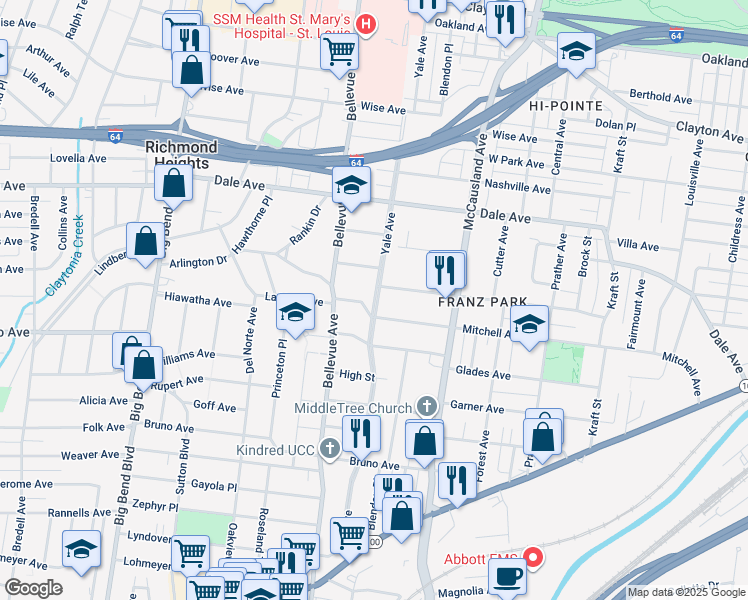 map of restaurants, bars, coffee shops, grocery stores, and more near 7212 Arlington Drive in Richmond Heights