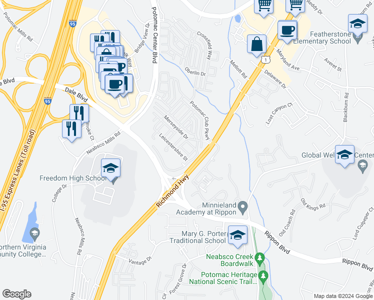 map of restaurants, bars, coffee shops, grocery stores, and more near 2319 Kew Gardens Drive in Woodbridge