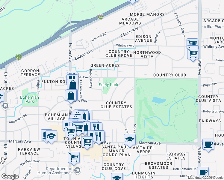 map of restaurants, bars, coffee shops, grocery stores, and more near 3201 Shasta Way in Sacramento