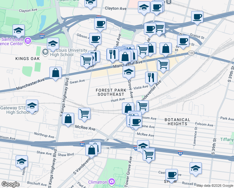 map of restaurants, bars, coffee shops, grocery stores, and more near 4349 Hunt Avenue in St. Louis