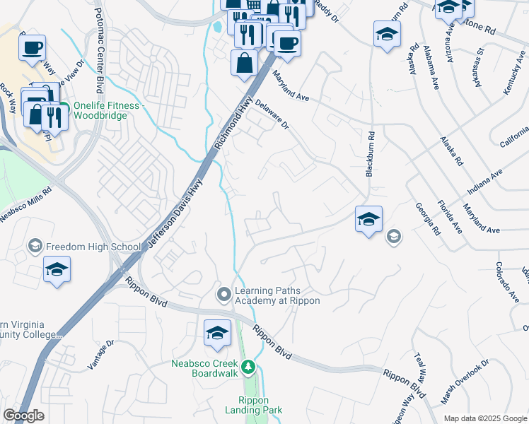 map of restaurants, bars, coffee shops, grocery stores, and more near 15156 Wentwood Lane in Woodbridge