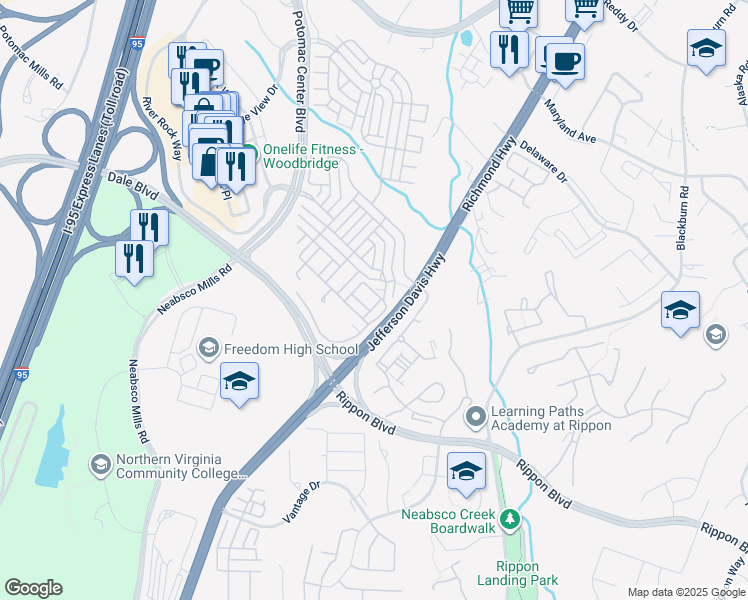 map of restaurants, bars, coffee shops, grocery stores, and more near 2289 Kew Gardens Drive in Woodbridge