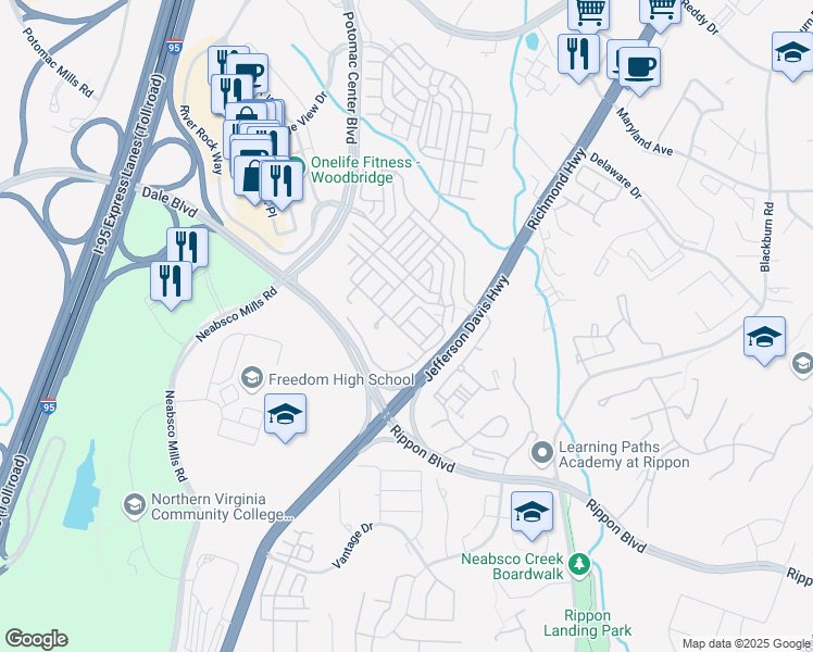 map of restaurants, bars, coffee shops, grocery stores, and more near 15223 Leicestershire Street in Woodbridge