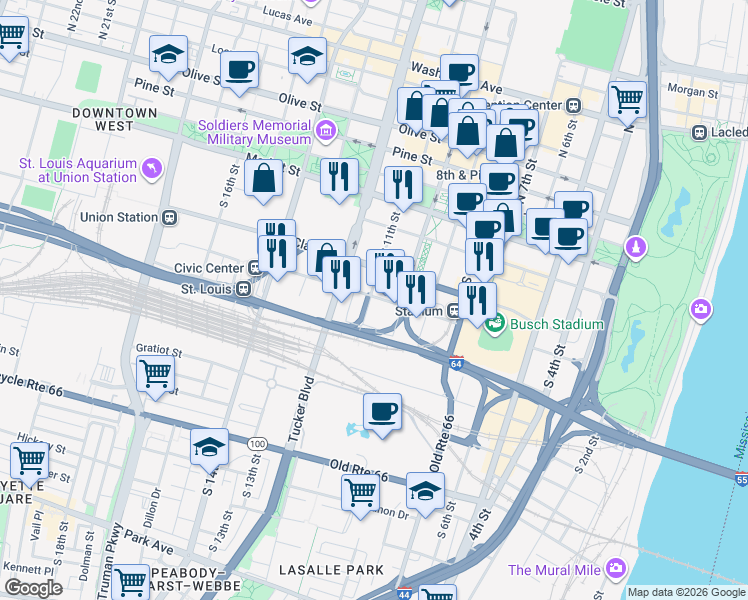 map of restaurants, bars, coffee shops, grocery stores, and more near 1014 Spruce Street in St. Louis