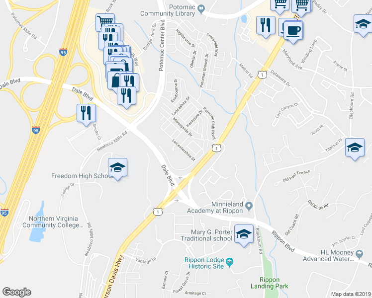 map of restaurants, bars, coffee shops, grocery stores, and more near 15223 Leicestershire Street in Woodbridge