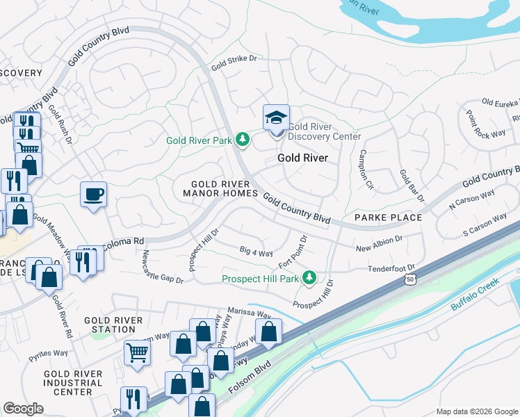 map of restaurants, bars, coffee shops, grocery stores, and more near 11591 Prospect Hill Drive in Gold River